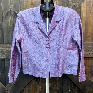 Vintage Silk Crinkle Cropped Blazer Jacket M Iridescent Purple Gauzy Pockets Vtg